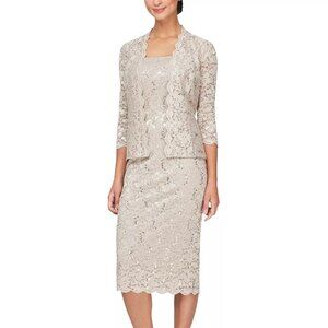 SL FASHIONS 2-Pc. Lace Jacket & Midi Dress Set Champagne Size 14